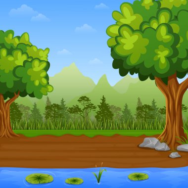 Yeşil çam ağaçları ve mavi göl Dağları arka plan üzerinde çim