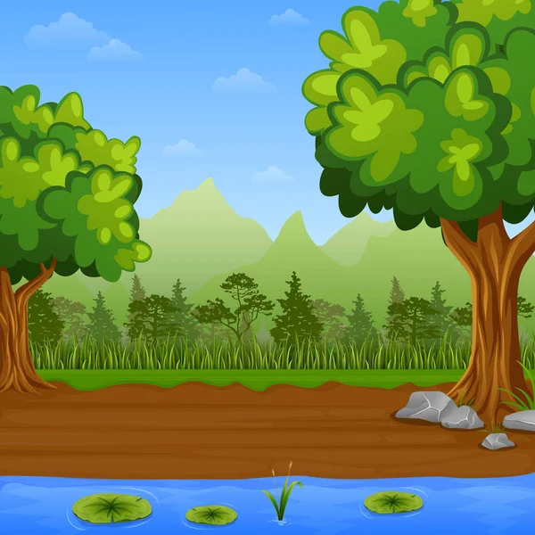 Yeşil Çam Ağaçları Mavi Göl Dağları Arka Plan Üzerinde Çim — Stok Vektör