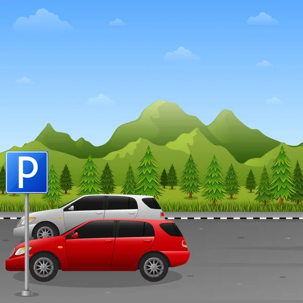 Krajina Hor Parkovací Zóny Znamení Dvě Auta — Stockový vektor