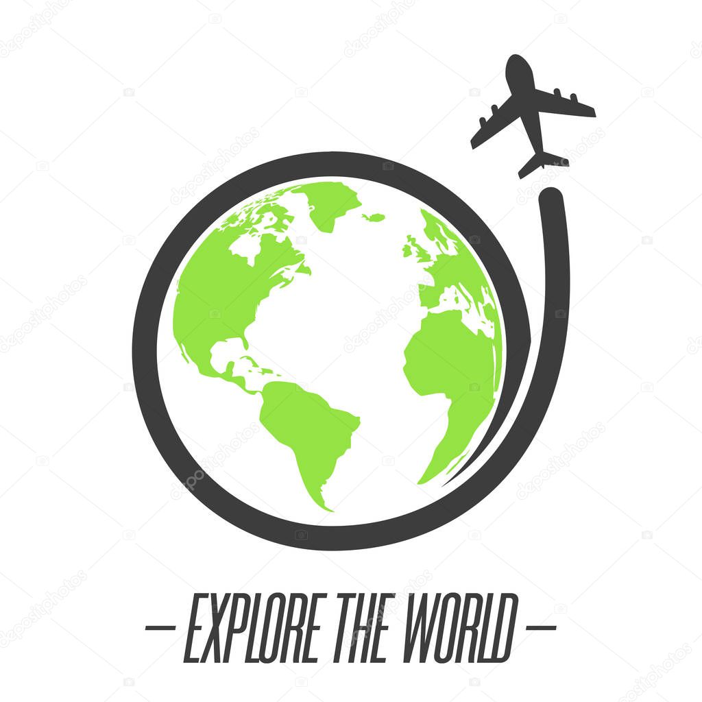 Explore the world icon with plane flying around the world