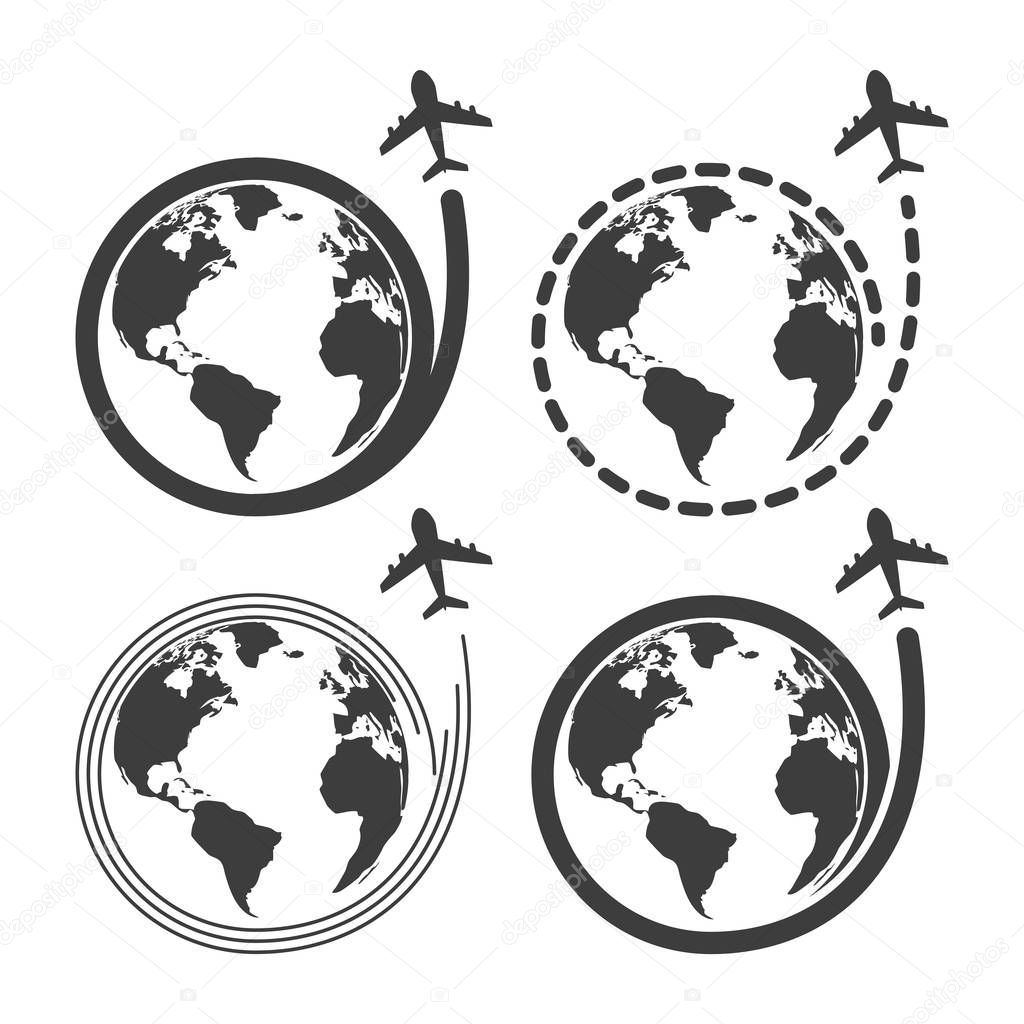 Travel set icons with airplane fly around the earth
