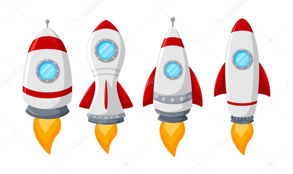 Cartoon rocket ship collection isolated on white background