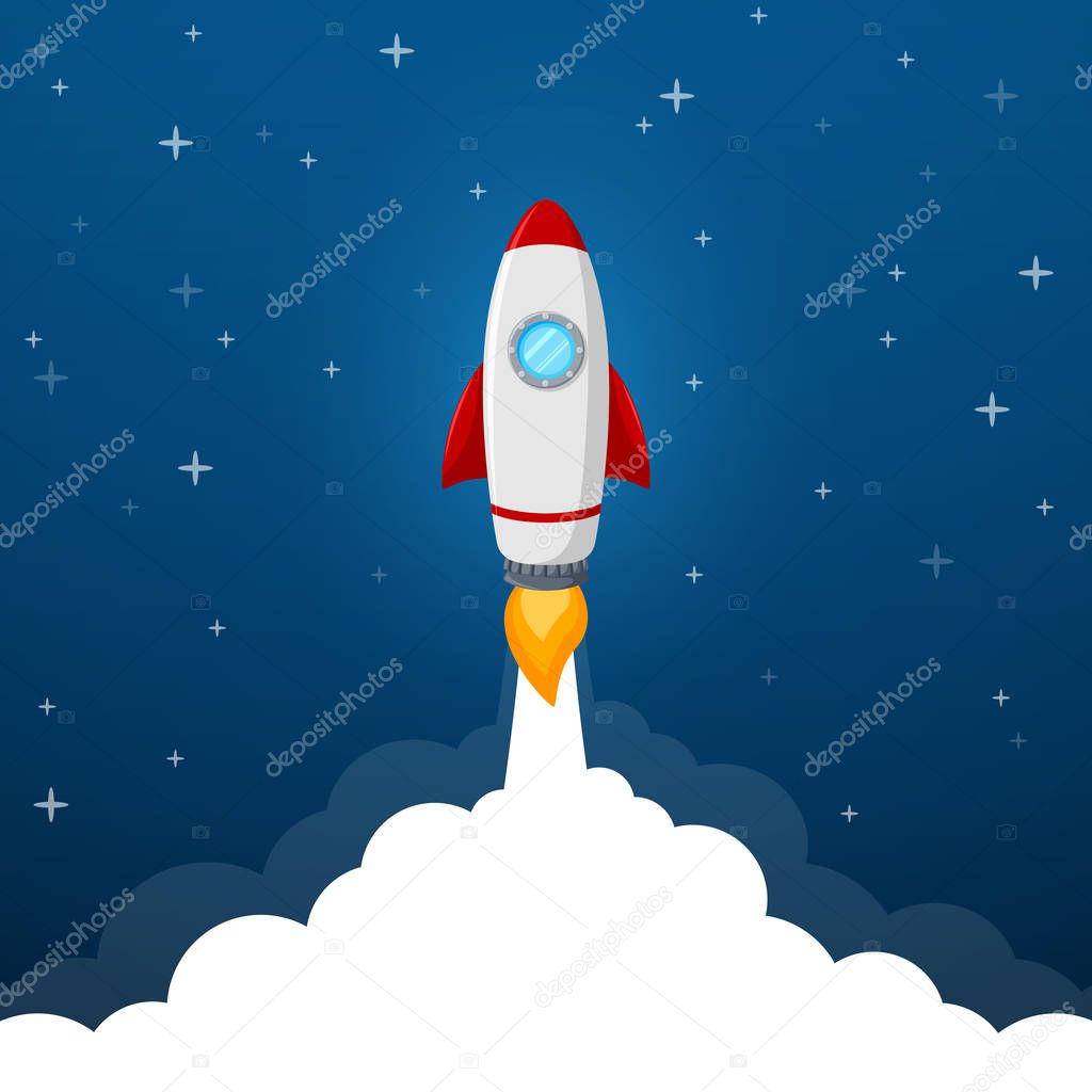 Rocket launch icon on blue sky background