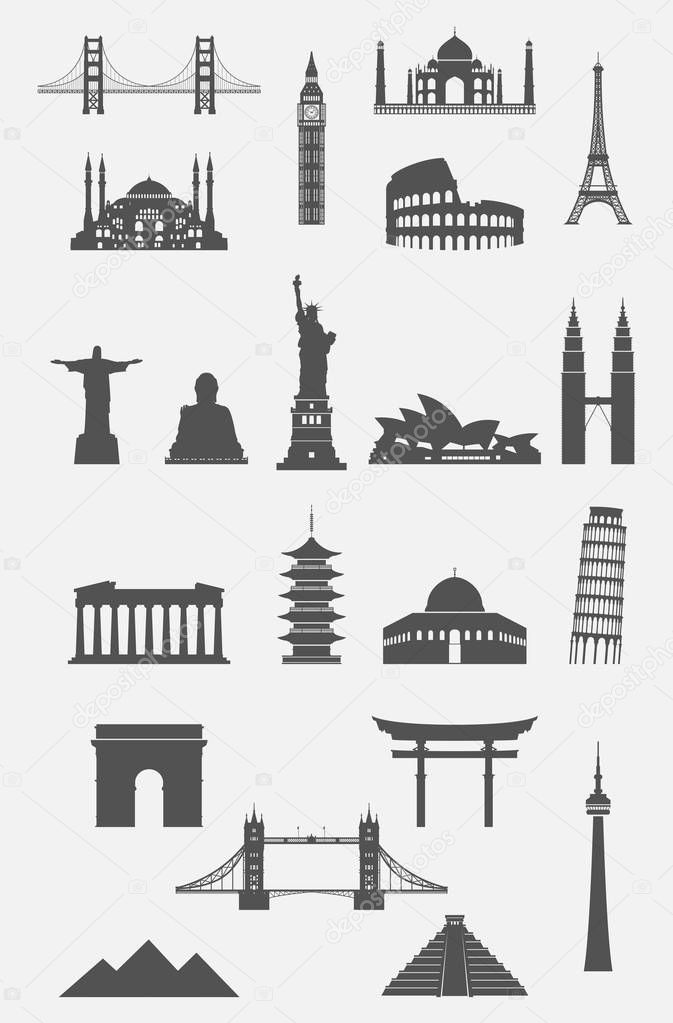 Travel landmarks icon set with thin line style