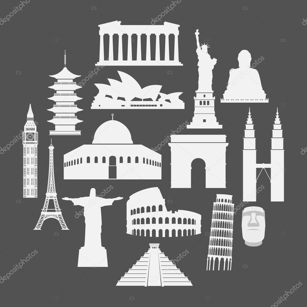 Travel landmarks icon set in paper style