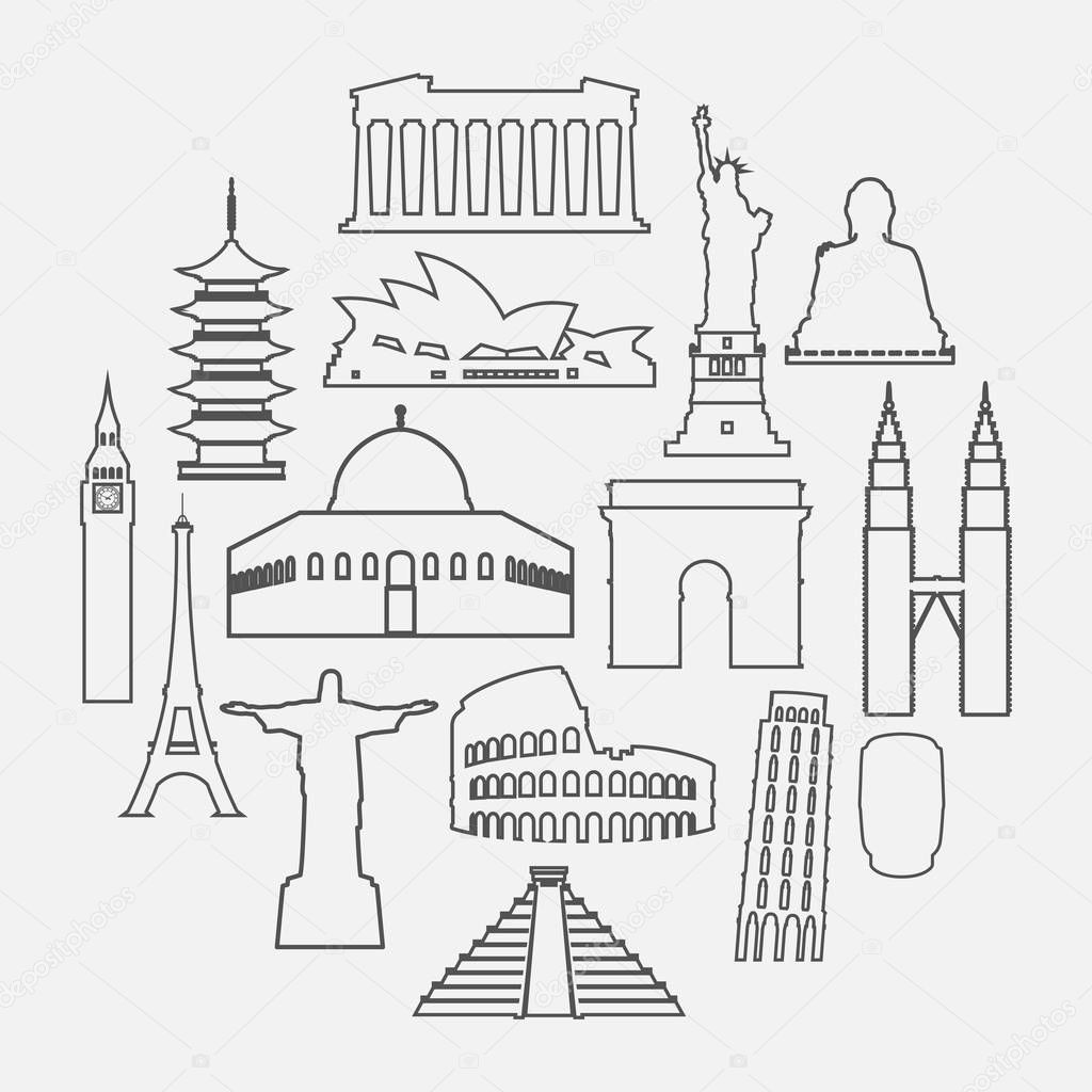Travel landmarks icon set with thin line style