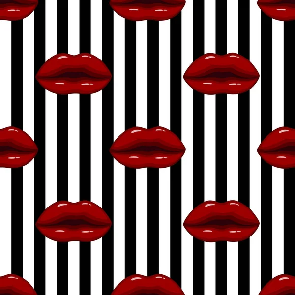 Vector Illustration Seamless Pattern Red Lips Striped Background — Stock Vector