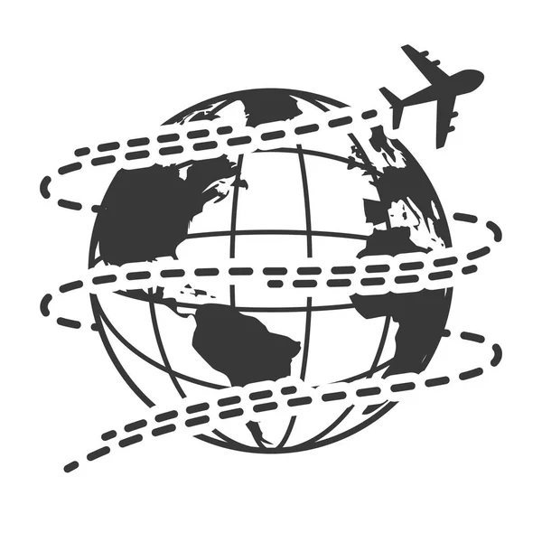 地球の周りの飛行機飛ぶ旅行アイコンのベクトル イラスト — ストックベクタ