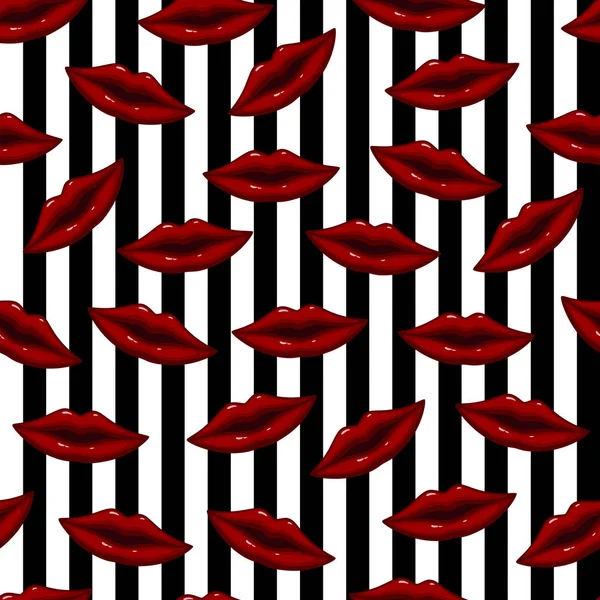 Vektor Illustration Der Nahtlosen Muster Rote Lippen Auf Gestreiftem Hintergrund — Stockvektor