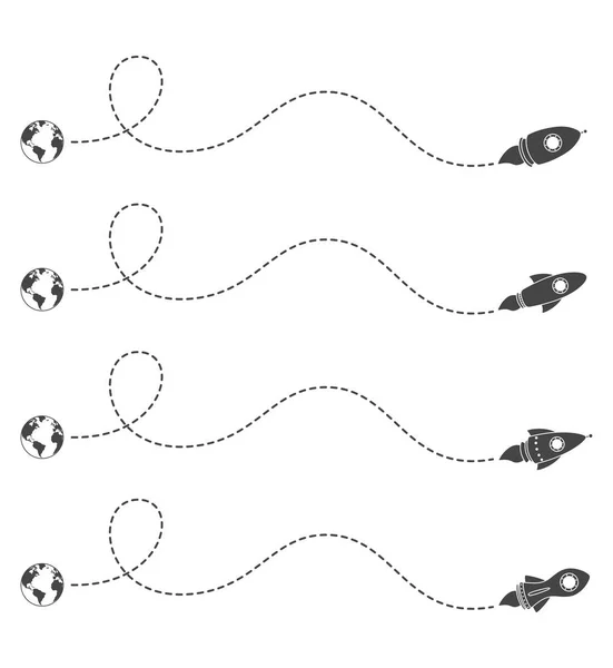 Векторная Иллюстрация Летающей Ракеты Пунктирным Маршрутом — стоковый вектор