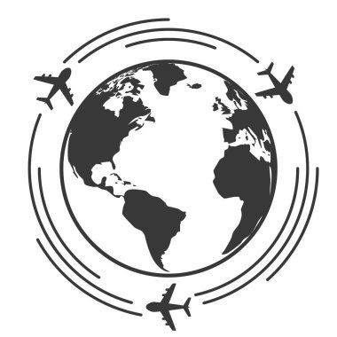 Uçak sinek dünya çevresinde seyahat simgelerle vektör çizim