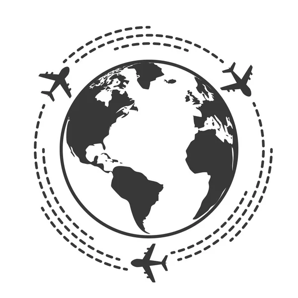 地球の周りの飛行機飛ぶ旅行アイコンのベクトル イラスト — ストックベクタ