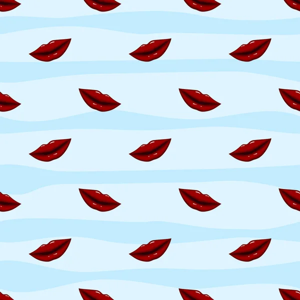 Векторна Ілюстрація Безшовний Візерунок Червоні Губи Смугастому Фоні — стоковий вектор