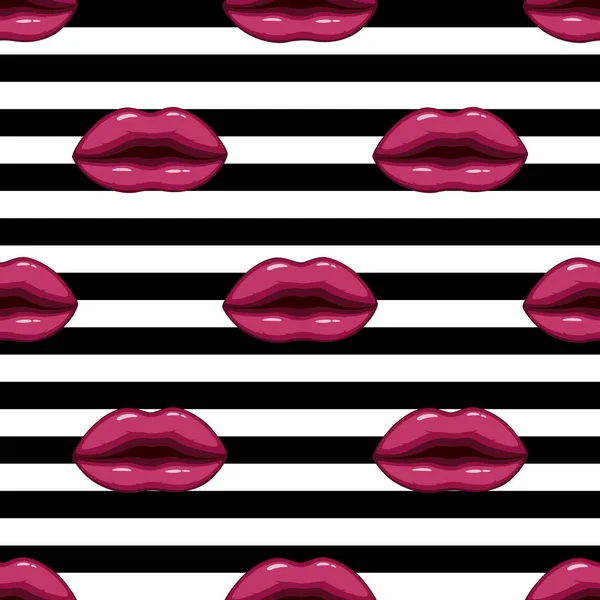 Illustration Vectorielle Motif Sans Couture Lèvres Violettes Sur Fond Rayé — Image vectorielle