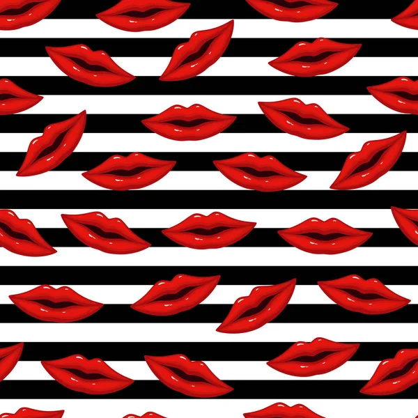 Vector Illustration Seamless Pattern Red Lips Striped Background — Stock Vector