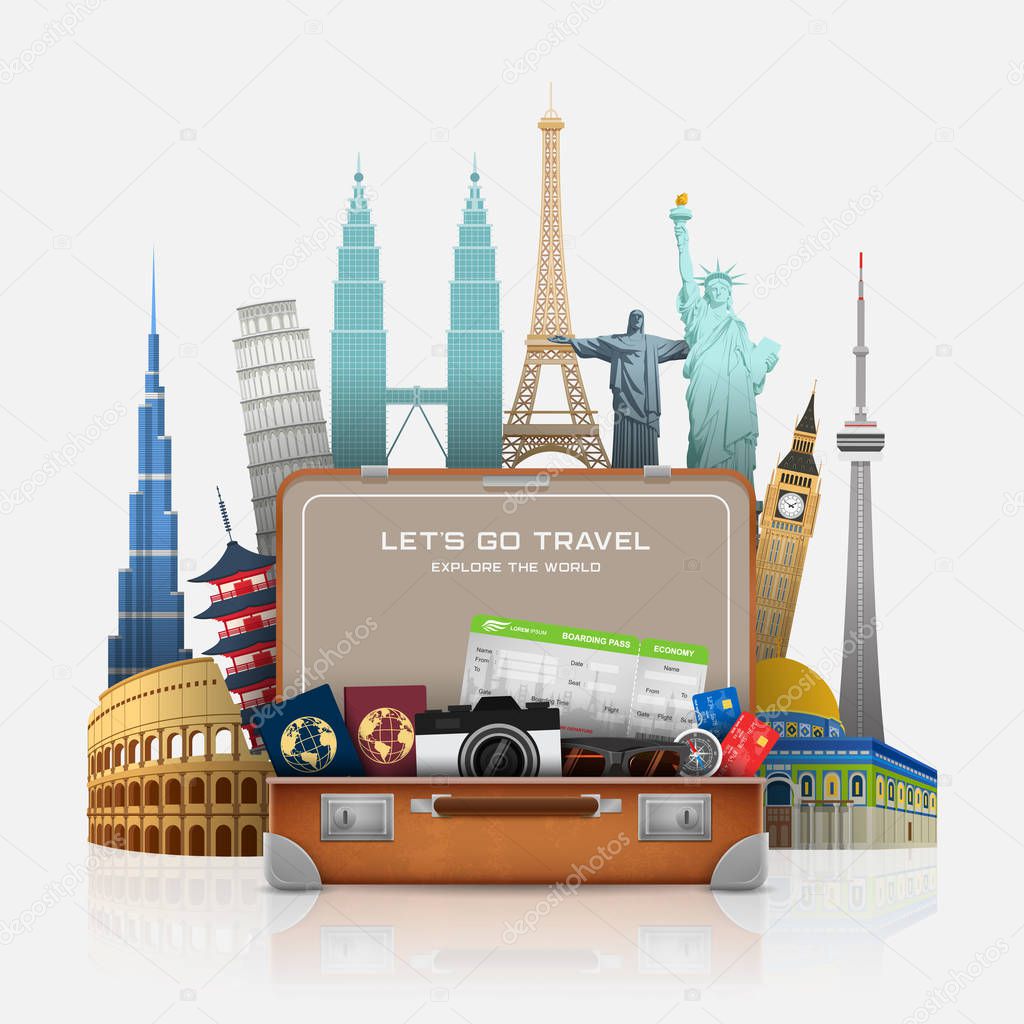 Open suitcase with landmarks and vacation luggage accessories
