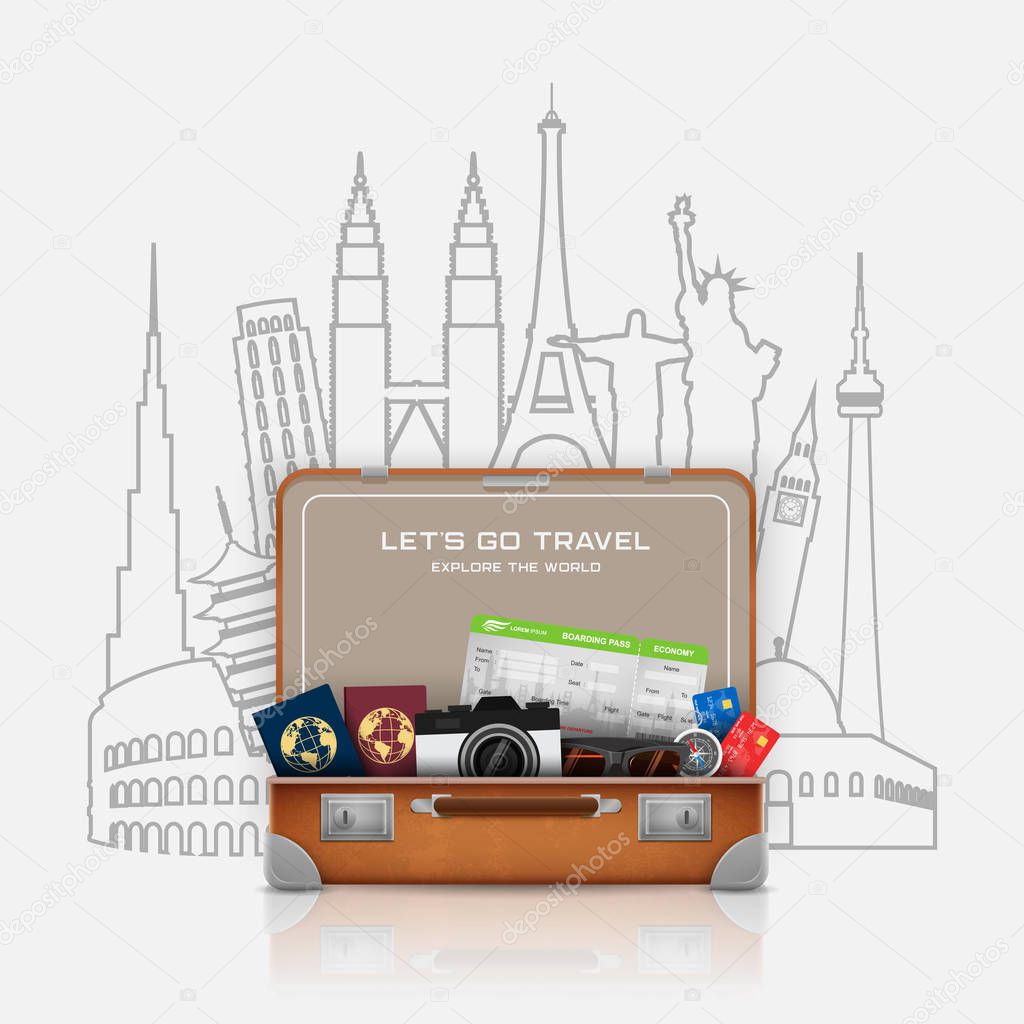 Open suitcase with landmarks and vacation luggage accessories