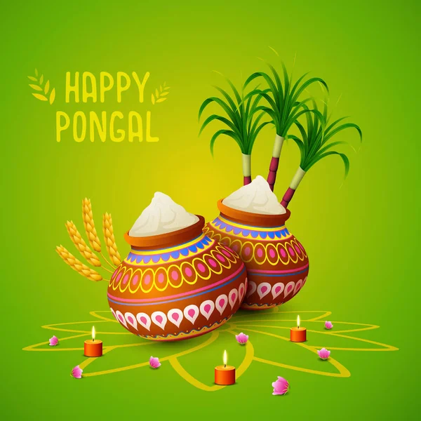 Векторная Иллюстрация Поздравительной Открытки Happy Pongal Зеленом Фоне — стоковый вектор