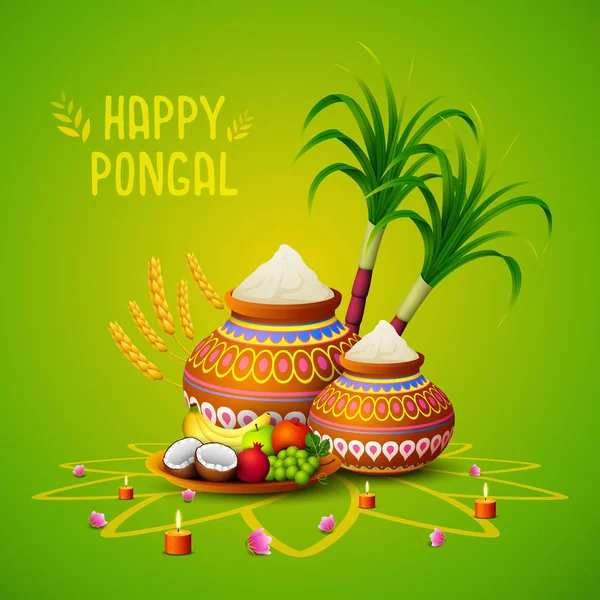 Ilustración Vectorial Tarjeta Felicitación Happy Pongal Sobre Fondo Verde — Vector de stock