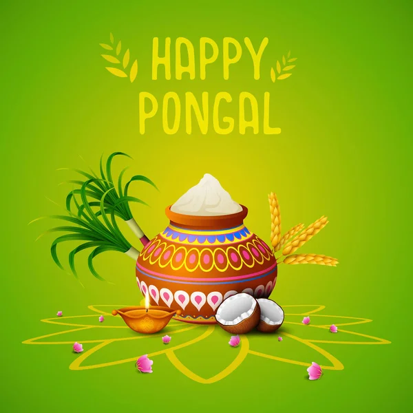 Vector Illustration Happy Pongal Greeting Card Green Background — Stock Vector