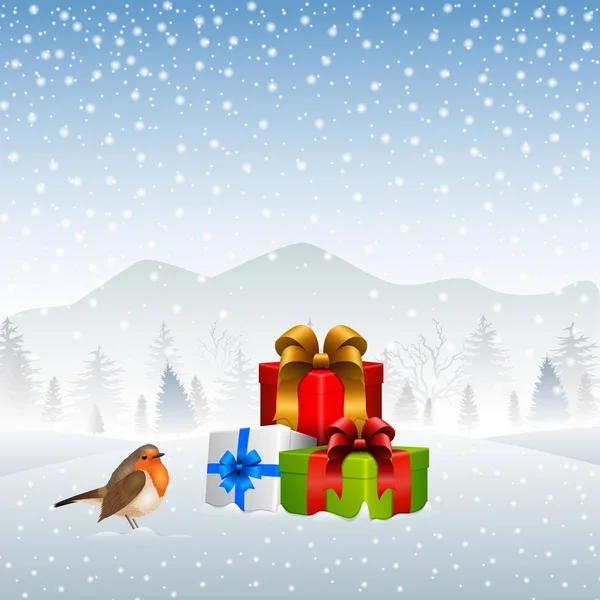 Vektor Illustration Der Weihnachtskarte Mit Geschenkschachteln Und Rotkehlchen — Stockvektor