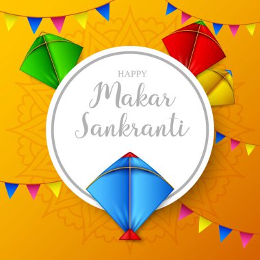 Makar sankranti tebrik kartı yuvarlak kağıt ve renkli uçurtma ile vektör çizim