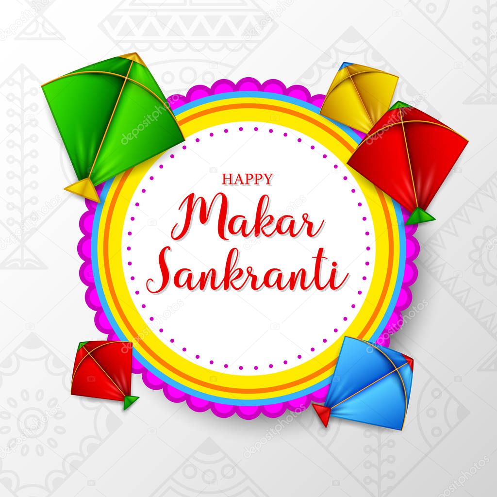 Makar sankranti greeting card with round paper and colorful kites