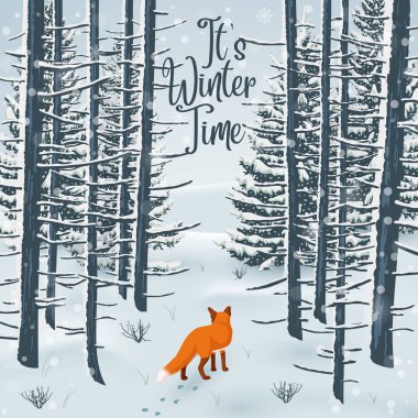 Orman manzara ve fox hayvanla birlikte mutlu kış vektör çizim