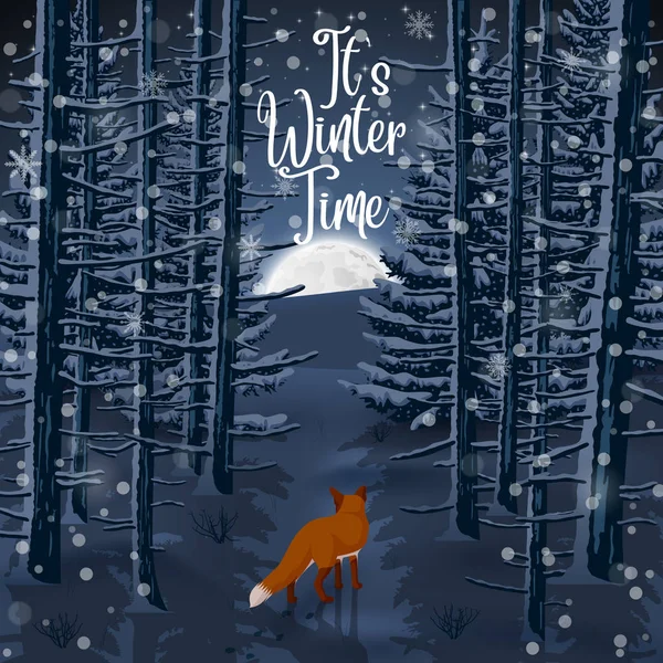Illustration Vectorielle Happy Winter Avec Paysage Forestier Soir Renard Animal — Image vectorielle