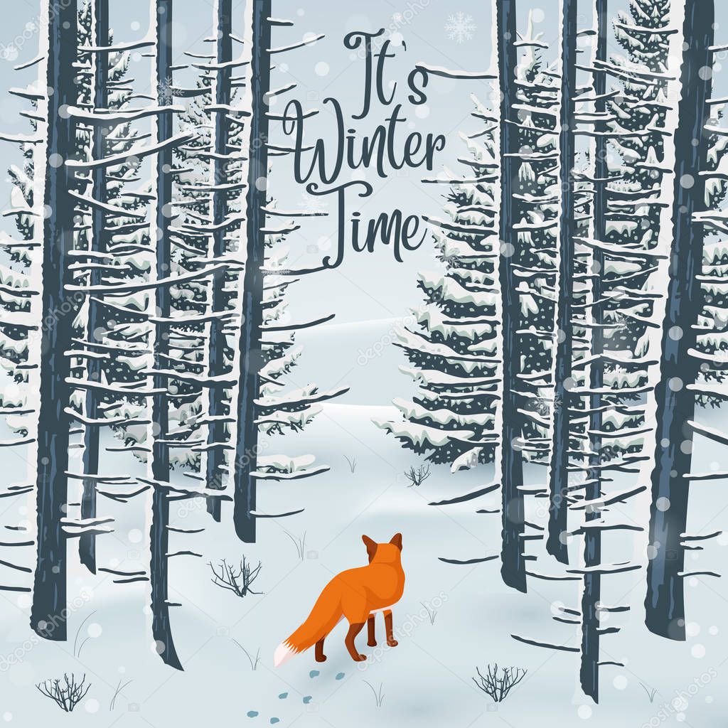 Vector illustration of Happy Winter with Forest Landscape and fox animal