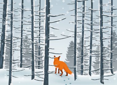 Akşam orman manzara ve fox hayvan ile mutlu kış vektör çizim