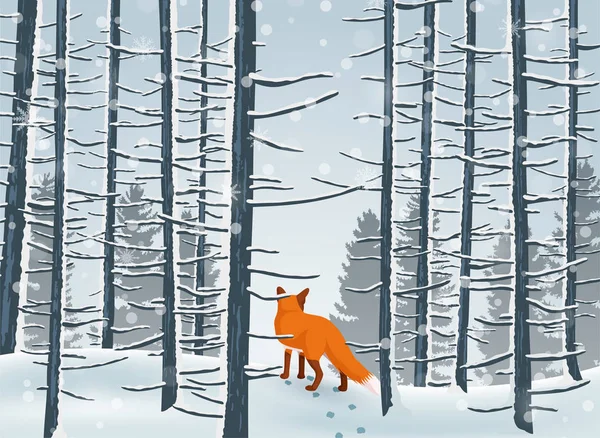 Illustration Vectorielle Happy Winter Avec Paysage Forestier Soir Renard Animal — Image vectorielle