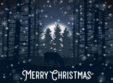 Merry Christmas kış akşam orman manzara ve geyik hayvan ile vektör çizim