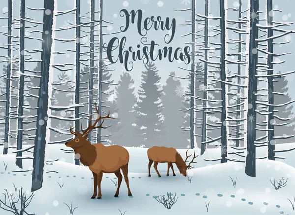 Illustration Vectorielle Joyeux Noël Hiver Avec Paysage Cerf — Image vectorielle