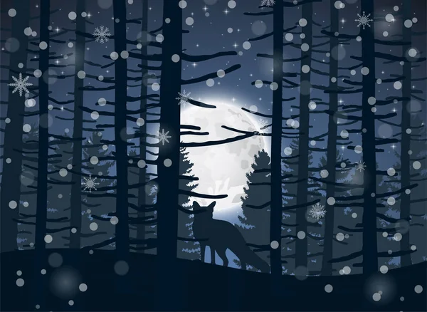 Vektor Illustration Des Frohen Weihnachtswinters Mit Abendlicher Waldlandschaft Und Fuchstier — Stockvektor