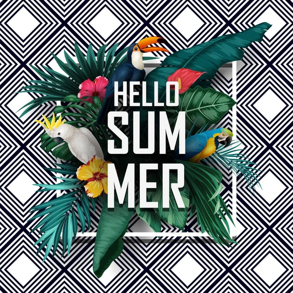 Olá Summer Birds Plantas Tropicais Fundo Listrado —  Vetores de Stock