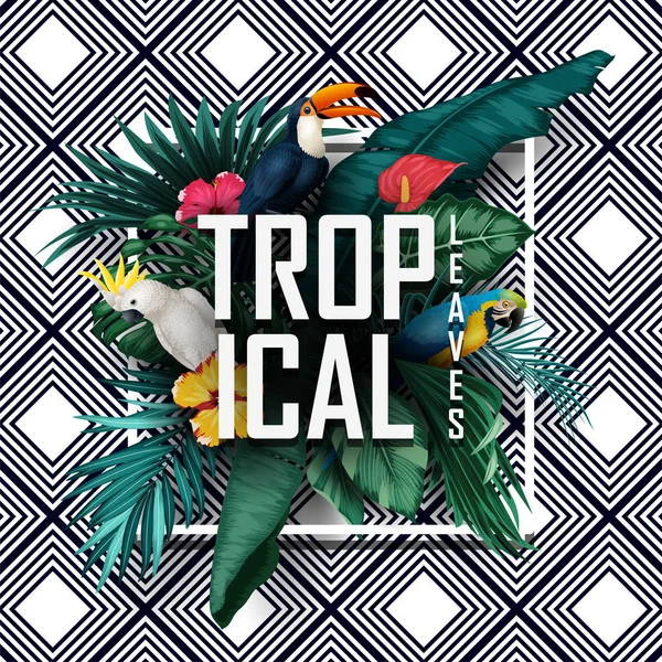 Collection Oiseaux Avec Plantes Tropicales Sur Fond Rayé — Image vectorielle