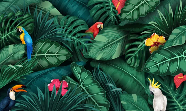Tropische Pflanzen Und Vögel Sammlung Set — Stockvektor