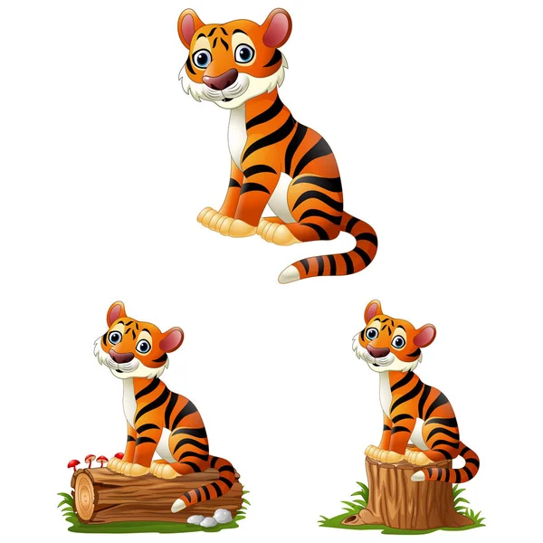 Tigre de dibujos animados sentado en el tronco — Vector de stock