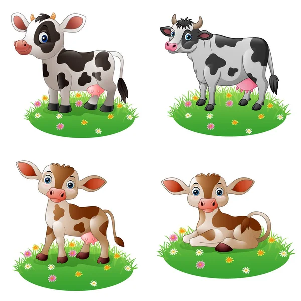 Vaca dos desenhos animados em pé em coleções de grama conjunto —  Vetores de Stock