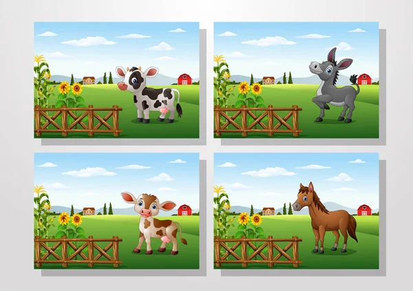 Cartoon happy animal with farm background collections set — Stock Vector