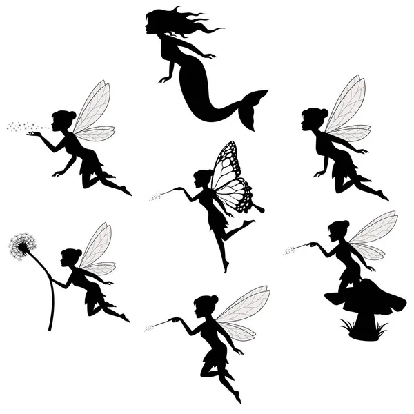 Collections de silhouettes de fées en backgorund blanc — Image vectorielle