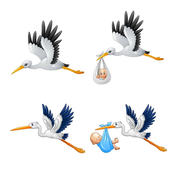 Cartoon stork with baby collections — Stock Vector