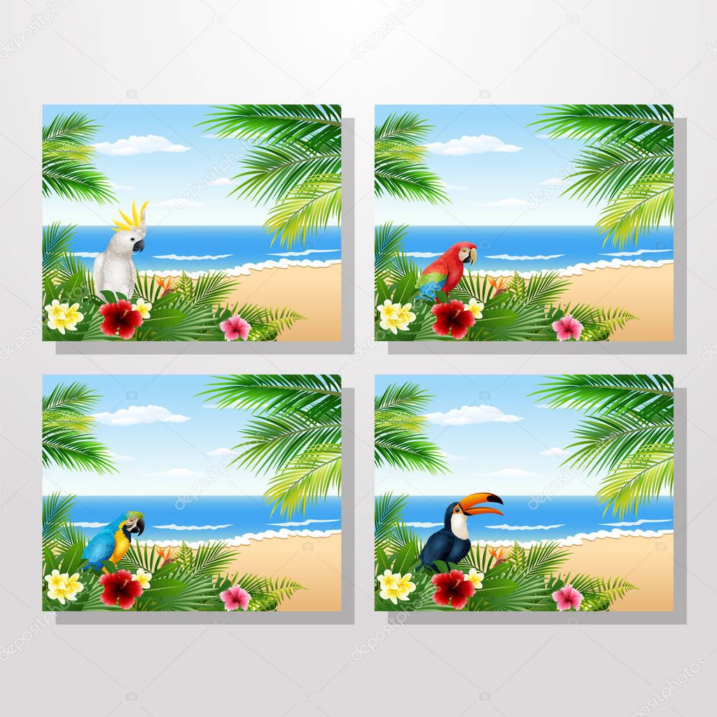 Card with tropical beach, tropical plants and bird collections