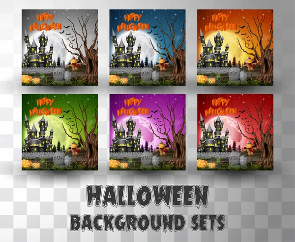 Conjuntos de fondo de silueta de dibujos animados de Halloween con diferentes escenas de color — Archivo Imágenes Vectoriales