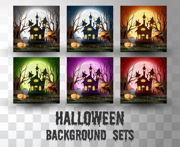 Halloween Cartoon Silhouette Hintergrund-Sets mit verschiedenen Farben Szene — Stockvektor