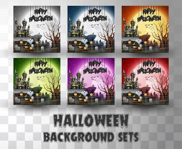 Halloween cartoon silhouette background sets with different colour scene — Stock Vector