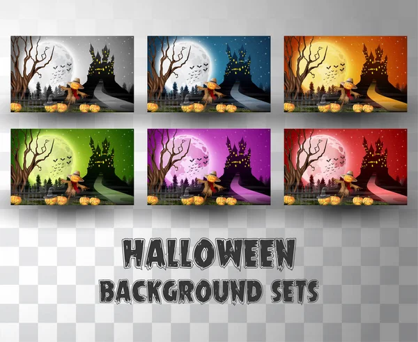 Conjuntos de fondo de silueta de dibujos animados de Halloween con diferentes escenas de color — Archivo Imágenes Vectoriales