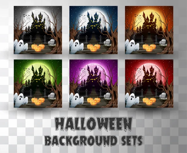 Halloween Cartoon Silhouette Hintergrund-Sets mit verschiedenen Farben Szene — Stockvektor