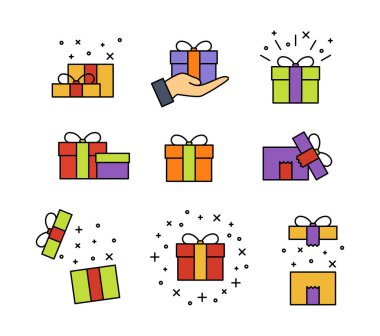 Beyaz arka plan üzerinde hediye kutusu seti, vektör çizimi